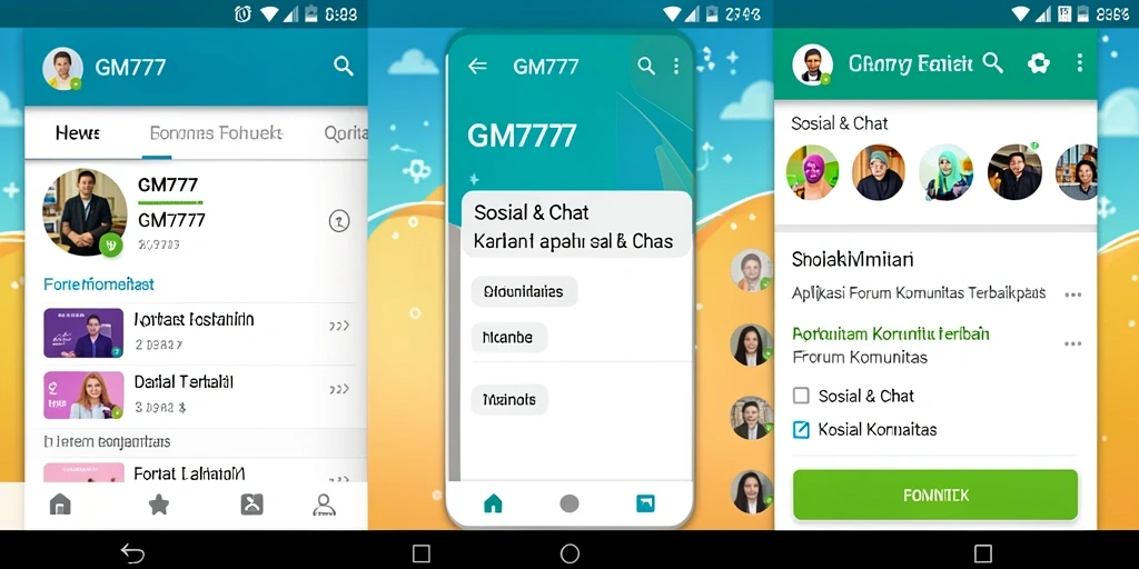 Antarmuka aplikasi Forum Komunitas GM777 yang interaktif dan menarik.
