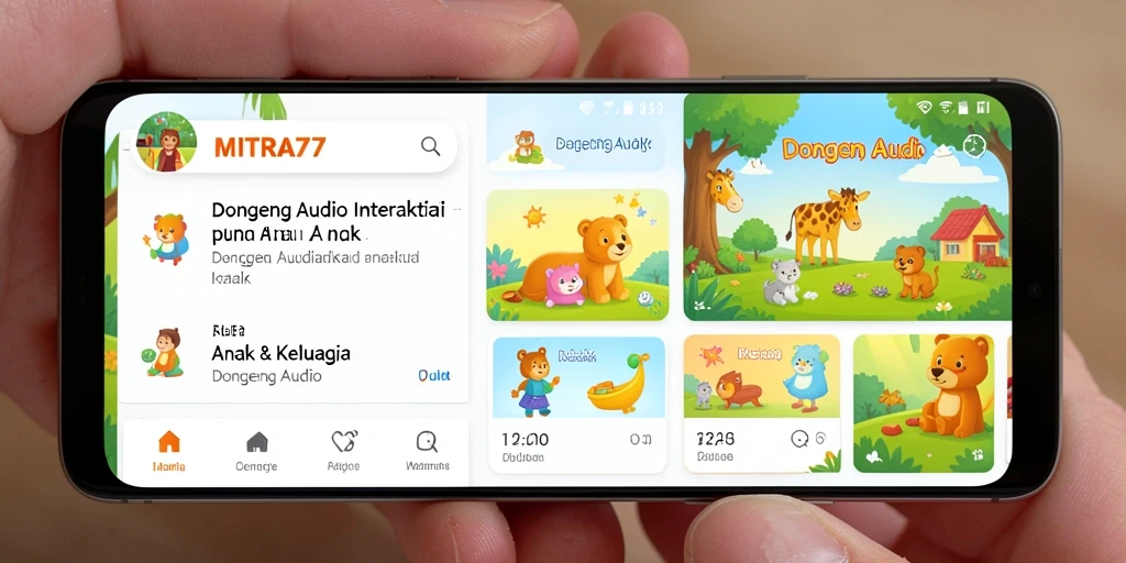 Tampilan antarmuka MITRA77 yang ramah anak dengan koleksi dongeng audio.